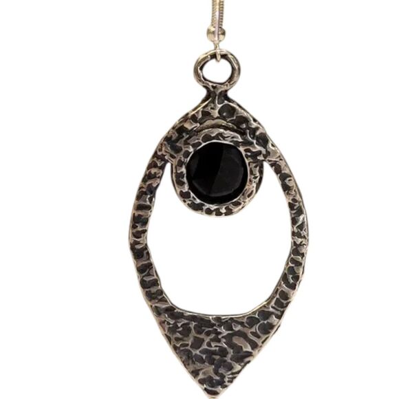 Tear Drop Pierced Earrings Hammered Silver Round Black Stone 2 inch drop - Picture 6 of 13
